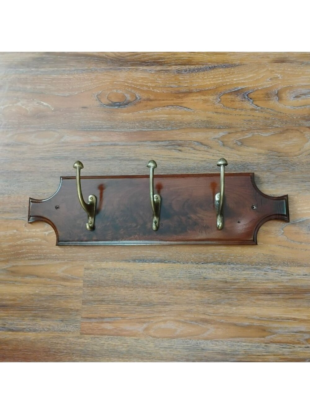Vintage Mid-Century Solid Wood Coat Rack with 3 Brass Hooks, 22" Wall Mount Rail
